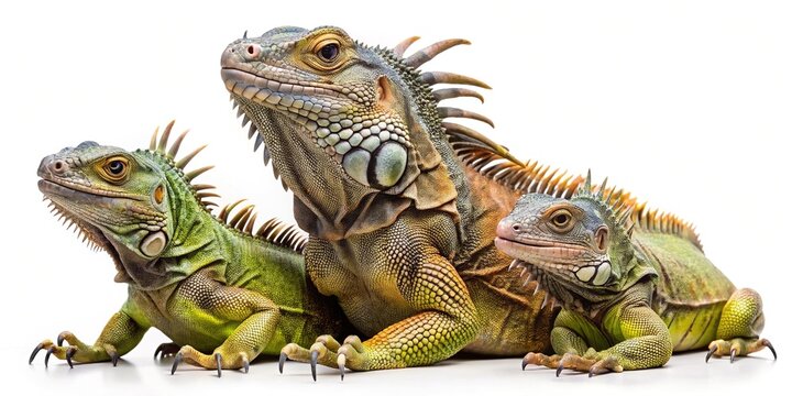 Three Green Iguanas basking together on a White Background, Showing Scales and Spikes