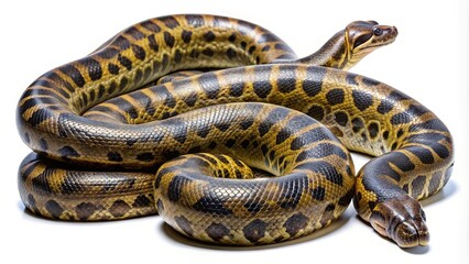 Obraz premium Magnificent coiled green anaconda basking in a studio setting on white background