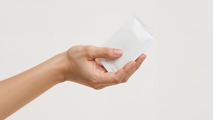 Hand Holding Unbranded Sachet Packaging, Skincare Cosmetics Design Over White Background