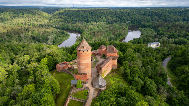 Colorful forest hills , river Gauja and Turaida castle in Summer in Sigulda, Latvia