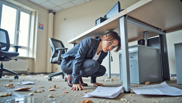 Young Woman Hiding Under Desk After Earthquake, Office Disaster, Workplace Safety, Emergency Preparedness, Survival Instinct, Fearful Moment