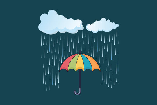 Cute pastel umbrella with blue rain drops falling from the sky, vector flat illustration in cartoon style for seamless backgrounds, kids media, educational material, and nursery prints
