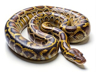 Obraz premium Beautiful Burmese Python coiled on a clean white background, a reptile portrait