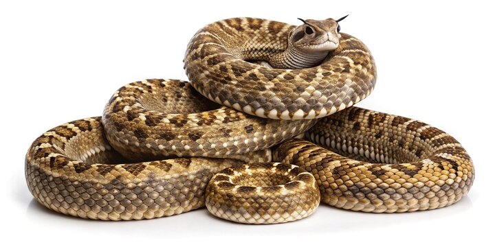 Beautiful Patterned Snake Coiled Elegantly Against a Pure White Background Surface