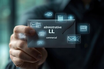 Hand holding an envelope with digital overlays of emails and text