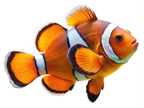 Beautiful clownfish with vibrant orange and white stripes on a white background