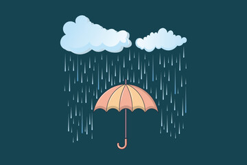 Rain drops falling gently over cartoon umbrella, flat pastel vector art for baby-themed visuals, storybooks, rainy season graphics, and seamless background design
