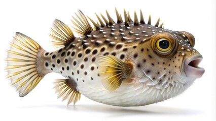 Close up of a spiky pufferfish with yellow fins and big eye