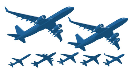 Isometric Blue Airplanes Commercial Jet Liners, Private Planes, and Airline Transportation Aircraft Concepts