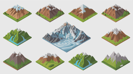 Isometric Mountains Brown, Green, Snowy Peaks, Rivers, Lakes, Nature, Geology, Game Assets, Isolated on Cream Background