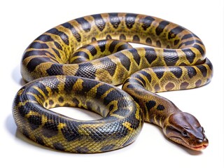 Obraz premium Captivating image of a yellow spotted anaconda resting on a white background