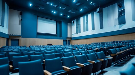 Naklejka premium Modern Auditorium Interior with Empty Blue Seats and Projection Screen