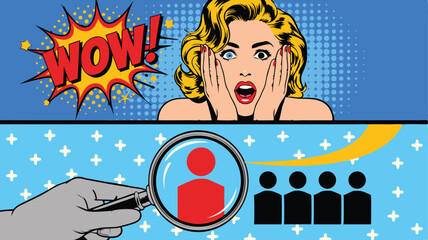 Pop Art Illustration Surprised Woman, WOW! Speech Bubble, and Hand Holding Magnifying Glass Over People