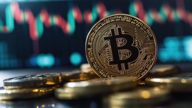Golden Bitcoin coin atop a pile of similar coins, in front of a blurred financial chart