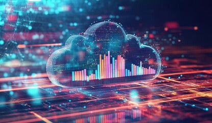 Abstract cloud computing concept.  Data visualization of a cloud with growth charts overlaid.  Digital circuit board background
