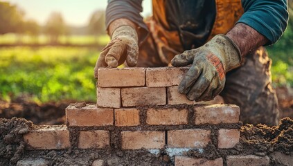Close-up of a worker laying bricks.  Sunlight highlights the task