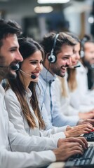 Smiling customer service teams and businesspeople communicate via headsets and phones in a busy office call center, providing support to customers