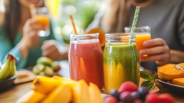 Refreshing Fruit Smoothies and Juices on a Bright Summer Day - Powered by Adobe