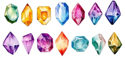 Watercolor illustration of various colorful gems