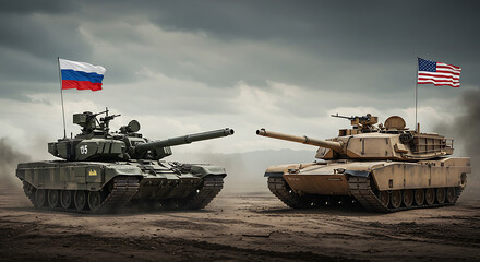 A Russian and American tank face off, flags displayed, under a stormy sky.