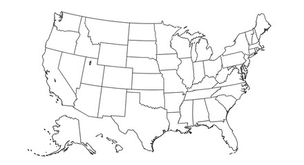 A simple black and white outline map of the United States of America, showing state boundaries.