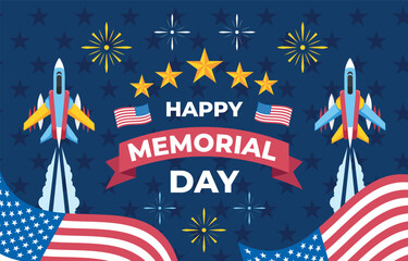 Memorial Day Festivity with illustration of jet plane and American flag Background