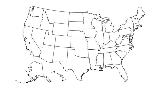 A simple black and white outline map of the United States of America, showing state boundaries.