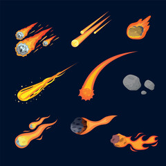 Illustration of a fiery meteor in various shapes collection