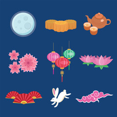 Collection of mid-autumn illustrations with elements representing relevant traditional symbols.