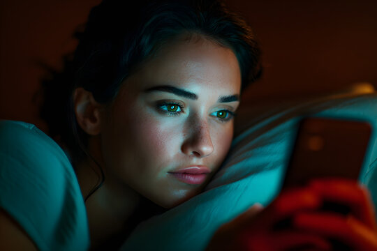 A young woman focuses on her smartphone while resting on a pillow in a dimly lit bedroom