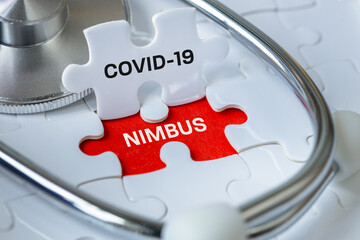 Nimbus, New COVID-19 variant. Medical concept. Coronavirus diagnosis. Copy space