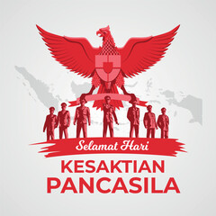 Illustration commemorating Pancasila Sanctity Day with elements of heroes and state symbols in it