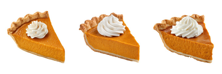 Set of Delicious Pumpkin Pie Slices with Whipped Cream Topping Isolated on a Transparent Background