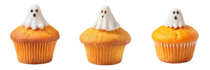 Set of Whimsical Ghost Cupcakes for Halloween Celebrations Isolated on a Transparent Background
