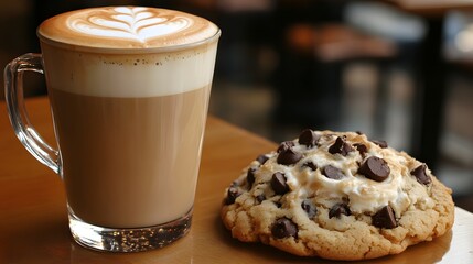 Delicious coffee with latte art served alongside a chocolate chip cookie