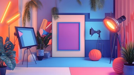 Vibrant Creative Studio Space with Colorful Decorations and Lighting