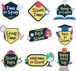 School activity badges come in a handwritten style and have school supply elements around them
