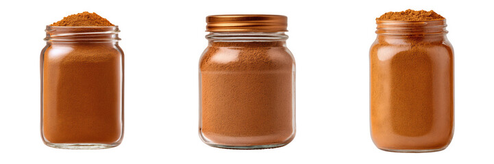 Set of Glass Jars Filled with Aromatic Brown Spice Powder Isolated on a Transparent Background