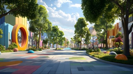 Colorful Urban Landscape with Modern Architecture and Greenery