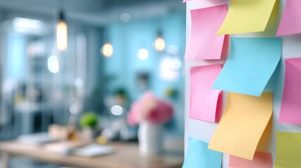Colorful Sticky Notes in Bright Office Environment for Productivity Boost