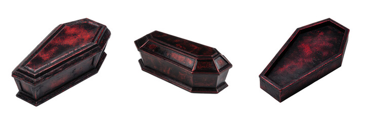 Set of red and black wooden coffin box set for Halloween decor Isolated on a Transparent Background