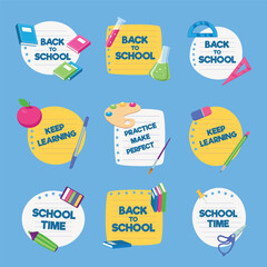 Back to school badges with various cute school supplies shapes and elements