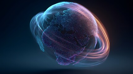 Vibrant Digital Globe with Light Trails in Dark Background