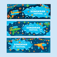 Illustration of typical Thai Songkran tradition with various banner template design layouts