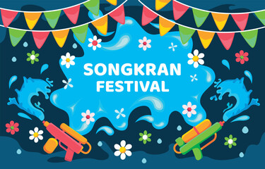 Illustration of Thai Songkran tradition with water elements and water guns as a fun modern culture
