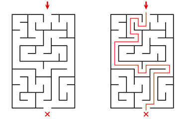 Vector vertical rectangular labyrinth with entry and exit. Difficulty level - easy. Children logic game. Not hard riddle solated on white background for kids and parents with solution