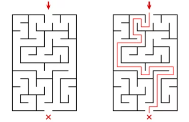 Vector vertical rectangular labyrinth with entry and exit. Difficulty level - easy. Children logic game. Not hard riddle solated on white background for kids and parents with solution © vellot