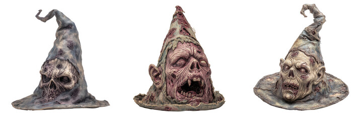 Detailed and Sinister Zombie Heads with Disturbing Hats Isolated on a Transparent Background