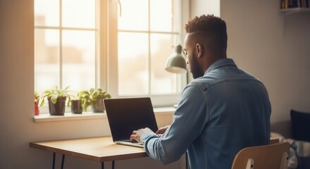 Man working on laptop window in home office