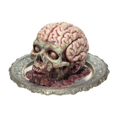 Creepy Skull with Exposed Brain on Ornate Silver Plate Display Isolated on a Transparent Background